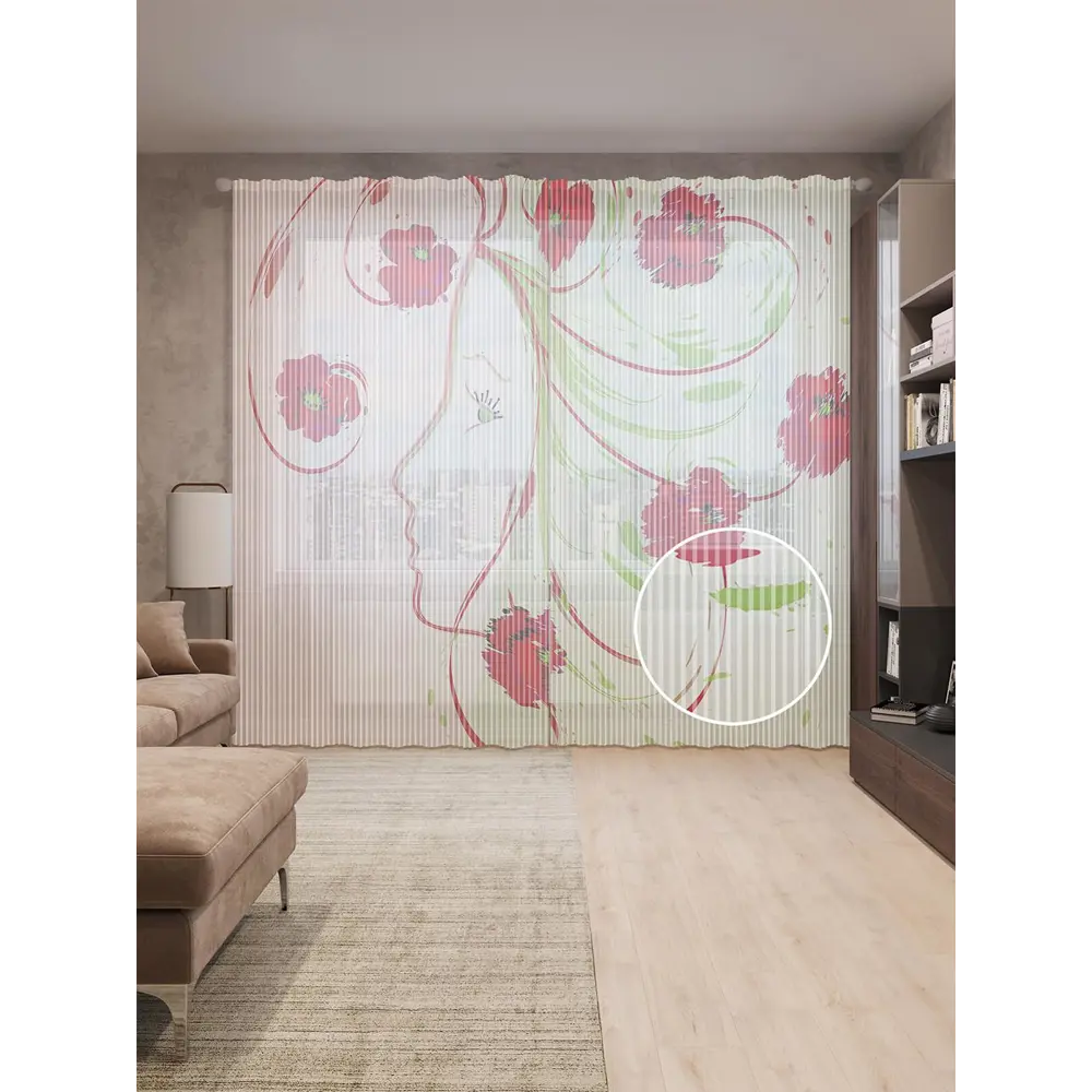 Фото Тюль на шторной ленте Цветущие волосы 310х265 см рисунок растительный цвет красный