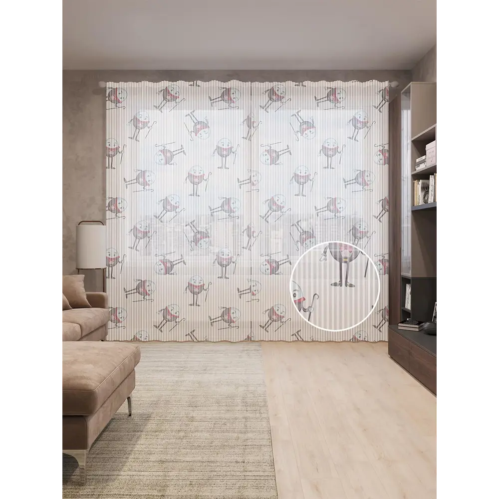 Фото Тюль на шторной ленте Яйцеголовый парад 310х265 см рисунок вензель цвет розовый