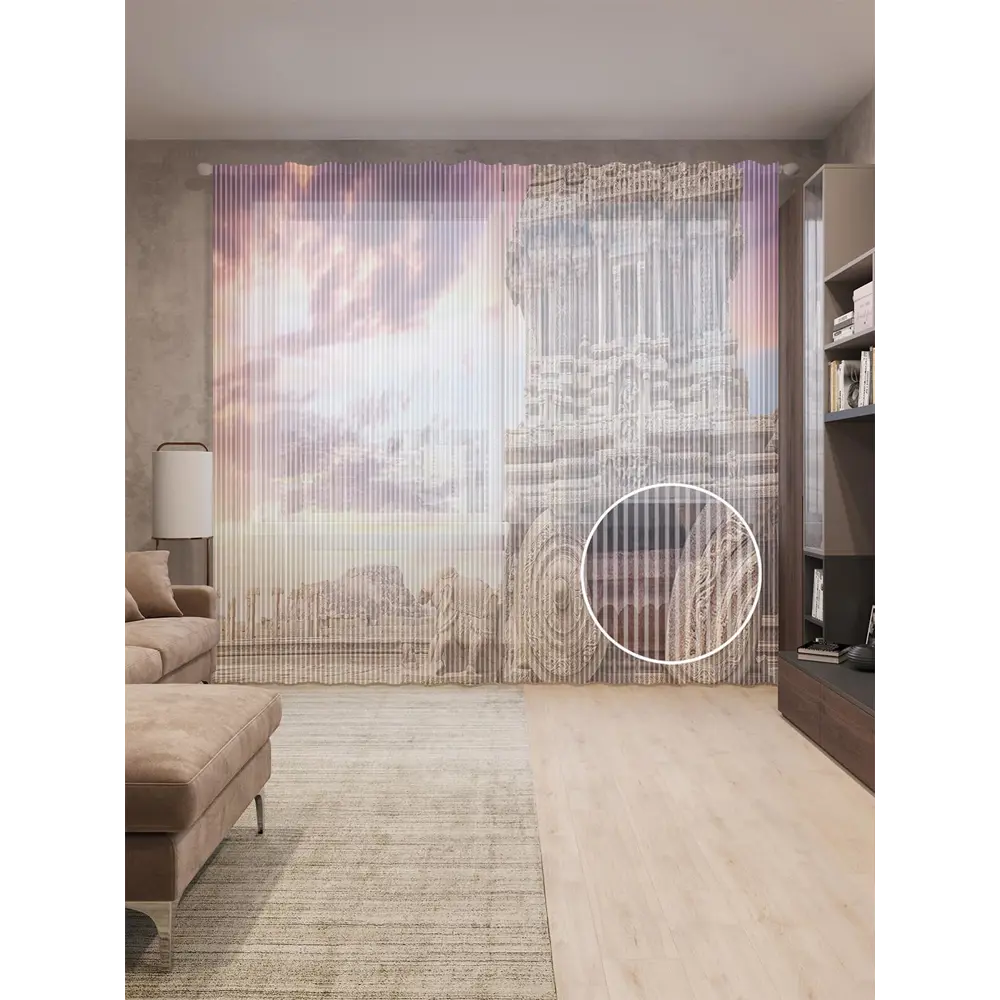 Фото Тюль на шторной ленте Древнее сооружение 310х265 см цвет фиолетовый