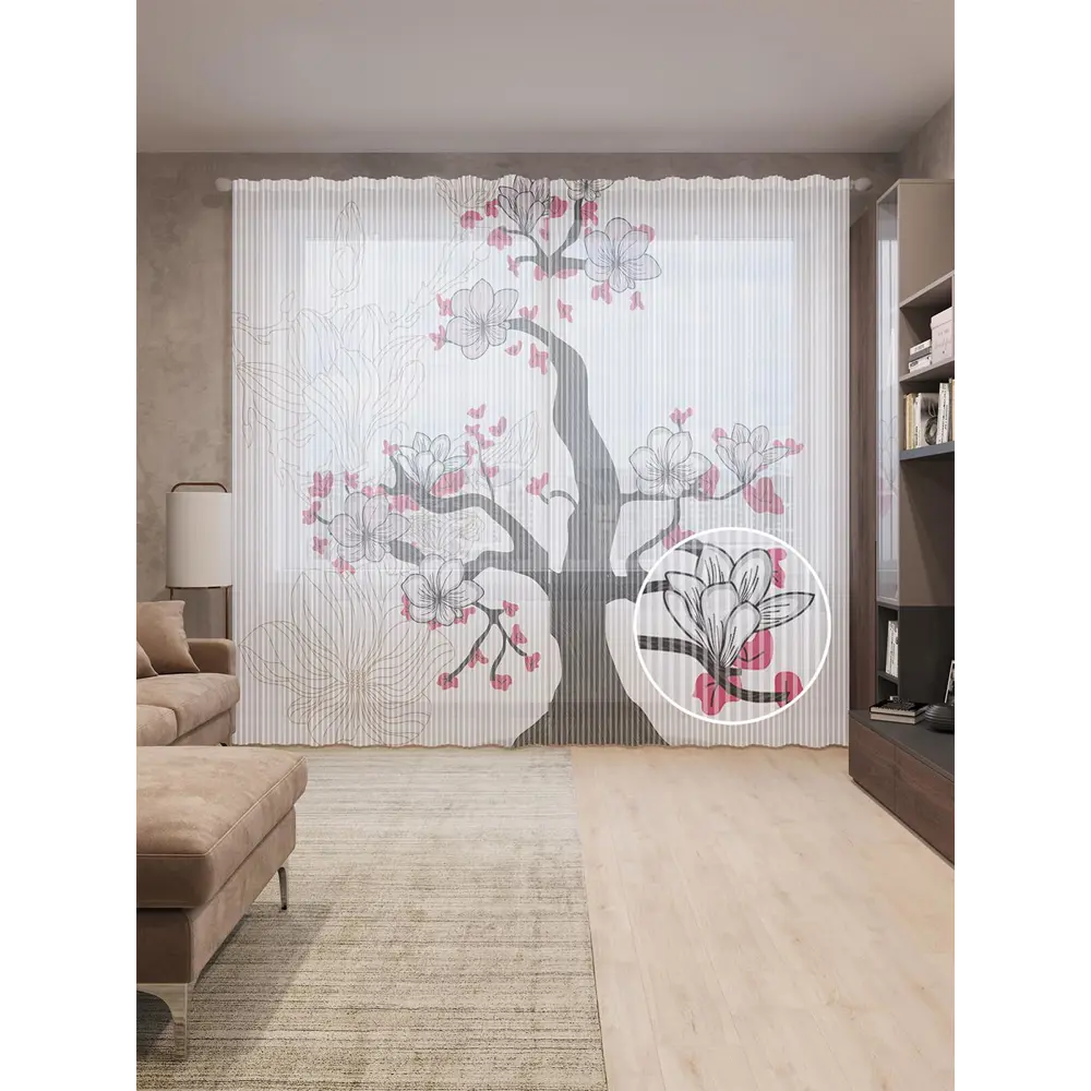 Фото Тюль на шторной ленте Цветочное дерево 310х265 см рисунок растительный цвет черный