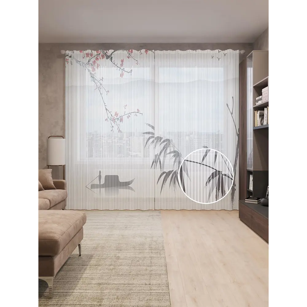 Фото Тюль на шторной ленте Загадочное судно 310х265 см рисунок растительный цвет черный