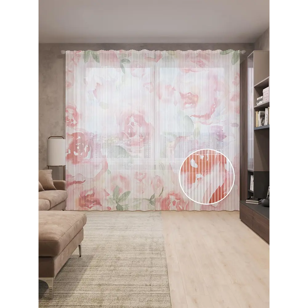 Фото Тюль на шторной ленте Мысли о цветах 310х265 см рисунок растительный цвет красный