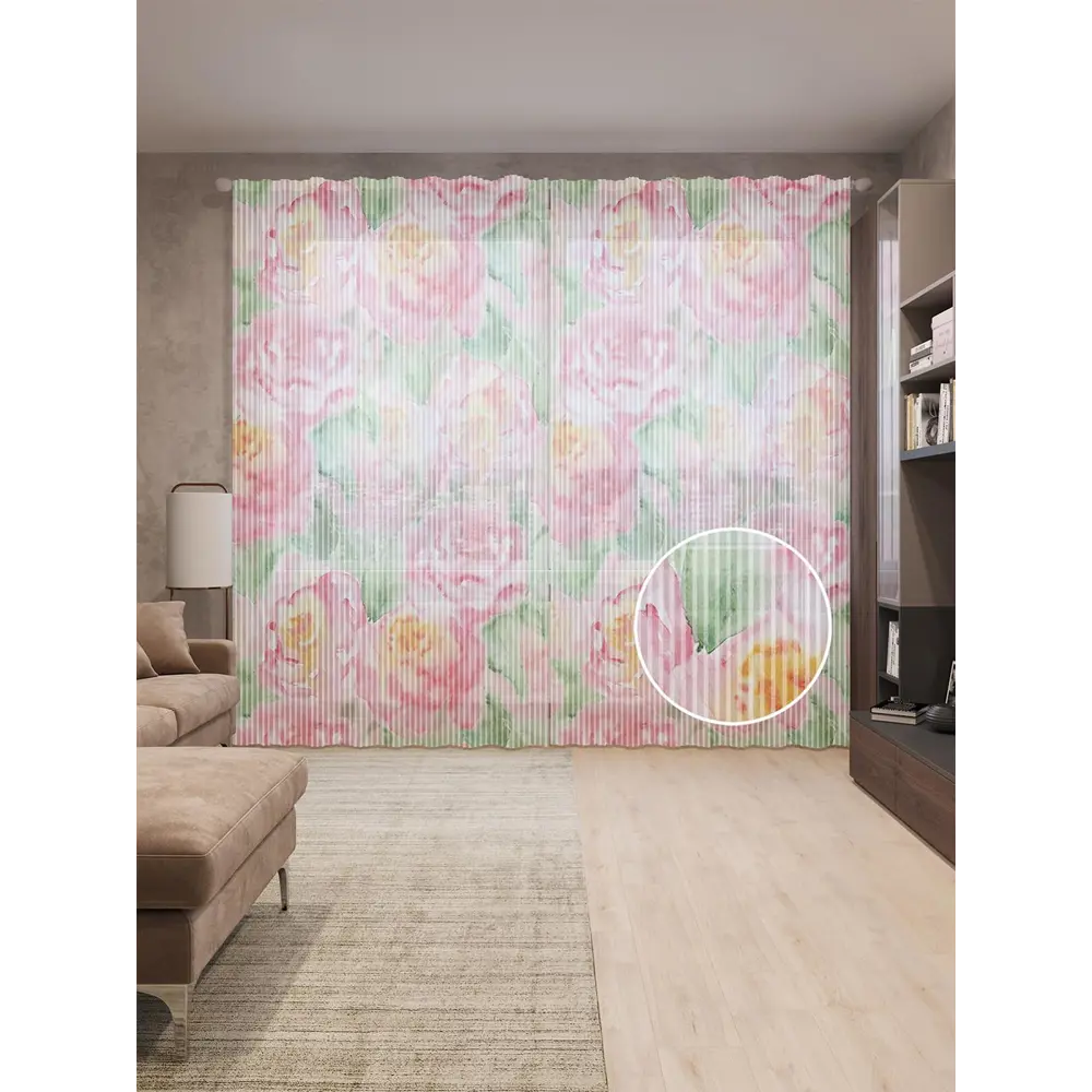 Фото Тюль на шторной ленте Поляна роз 310х265 см рисунок растительный цвет розовый