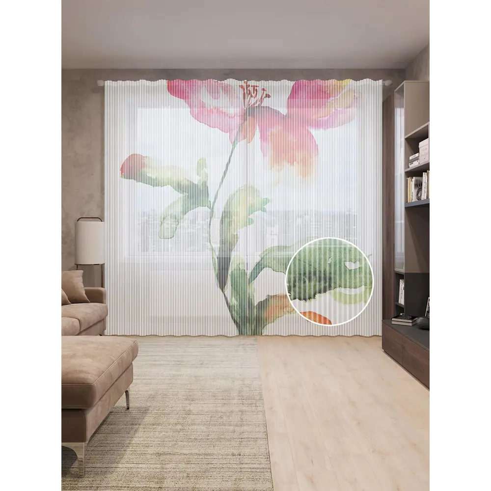 Фото Тюль на шторной ленте Сильный цветок 310х265 см рисунок растительный цвет зеленый