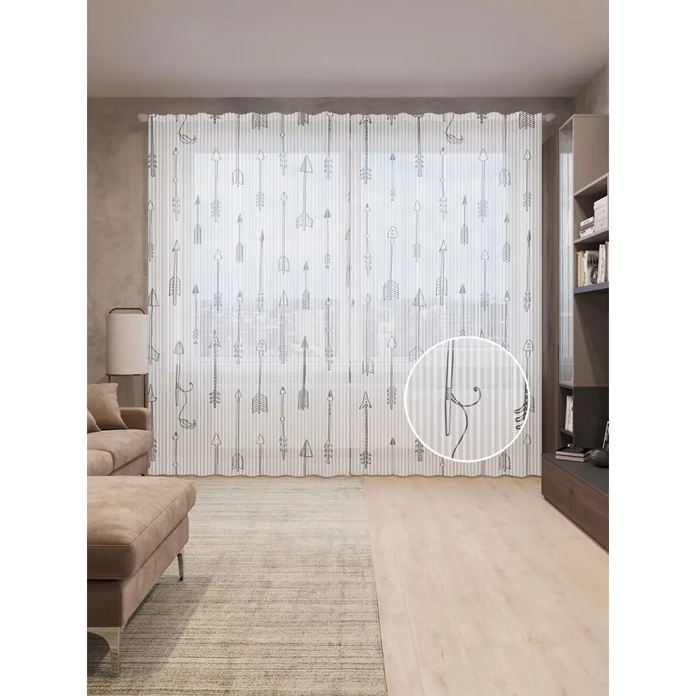 Фото Тюль на шторной ленте Вертикальные стрелы-1 310х265 см рисунок природный цвет серый