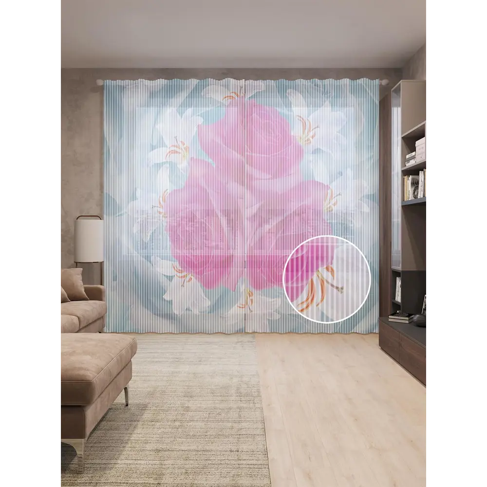 Фото Тюль на шторной ленте Цветы волнения 310х265 см рисунок растительный цвет розовый