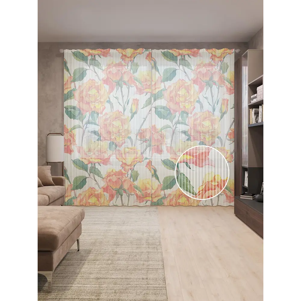 Фото Тюль на шторной ленте Цветочная композиция-3 310х265 см рисунок растительный цвет оранжевый