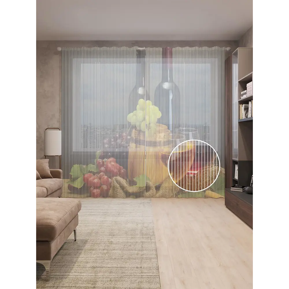 Фото Тюль на шторной ленте Вино и спелый виноград 310х265 см цвет коричневый Фото Тюль на шторной ленте Вино и спелый виноград 310х265 см цвет коричневый