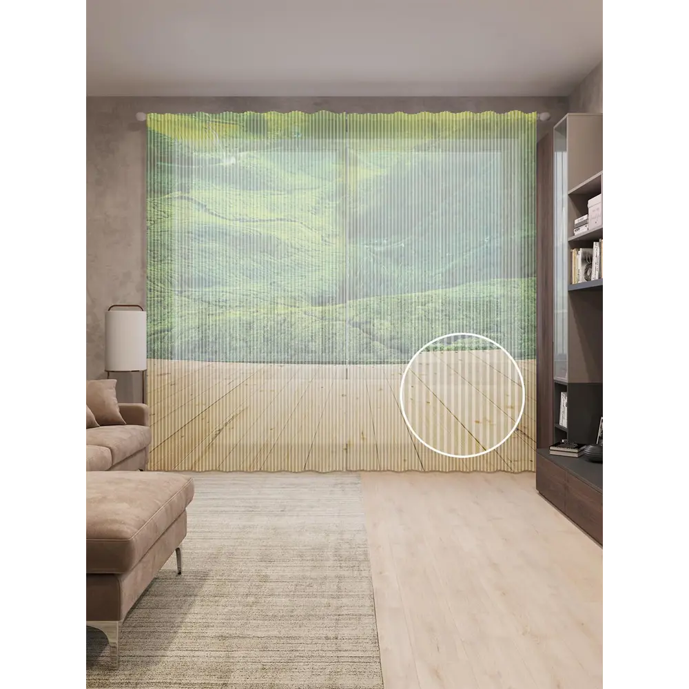 Фото Тюль на шторной ленте Чайные плантации 310х265 см рисунок природный цвет зеленый Фото Тюль на шторной ленте Чайные плантации 310х265 см рисунок природный цвет зеленый