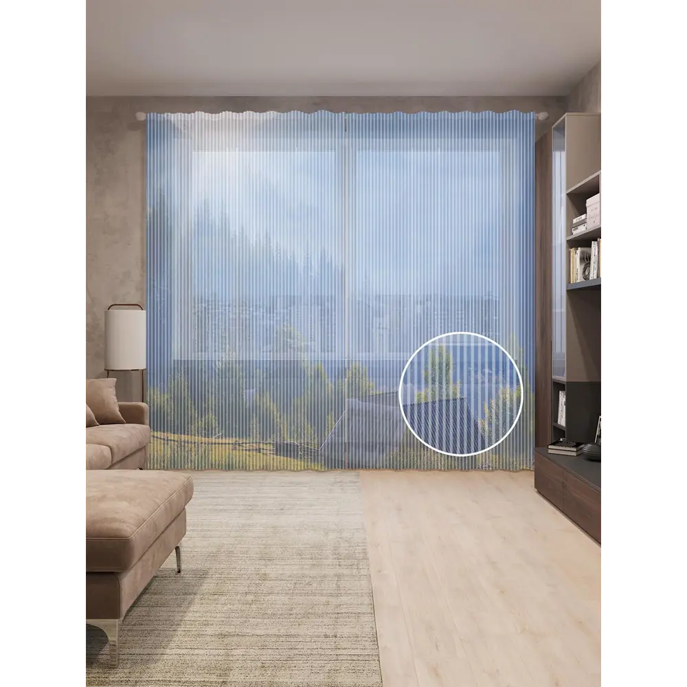 Фото Тюль на шторной ленте Домик на свежем воздухе 310х265 см рисунок природный цвет голубой Фото Тюль на шторной ленте Домик на свежем воздухе 310х265 см рисунок природный цвет голубой