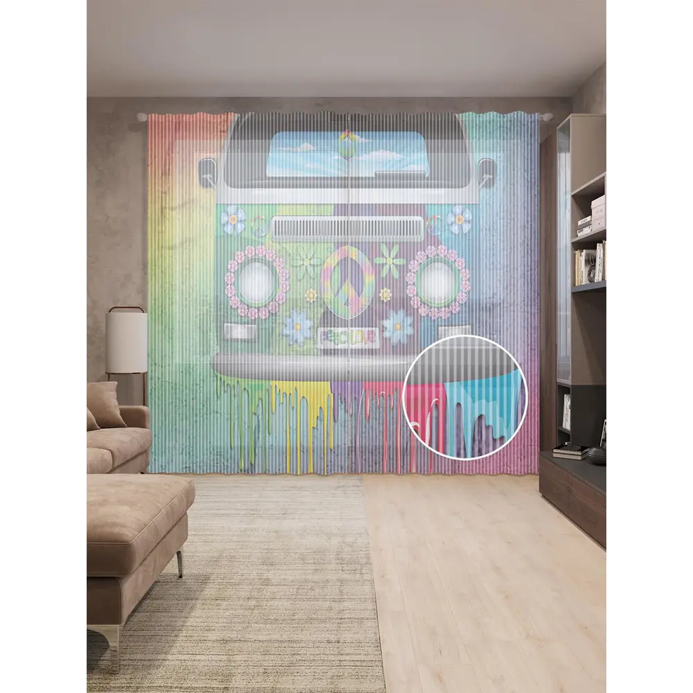 Фото Тюль на шторной ленте Красочный автомобиль хиппи 310х265 см цвет зеленый Фото Тюль на шторной ленте Красочный автомобиль хиппи 310х265 см цвет зеленый