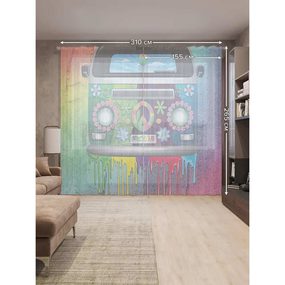 Фото 2 Тюль на шторной ленте Красочный автомобиль хиппи 310х265 см цвет зеленый Фото 2 Тюль на шторной ленте Красочный автомобиль хиппи 310х265 см цвет зеленый