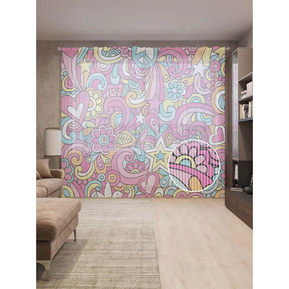 Фото Тюль на шторной ленте Красочные узоры 310х265 см рисунок вензель цвет розовый Фото Тюль на шторной ленте Красочные узоры 310х265 см рисунок вензель цвет розовый