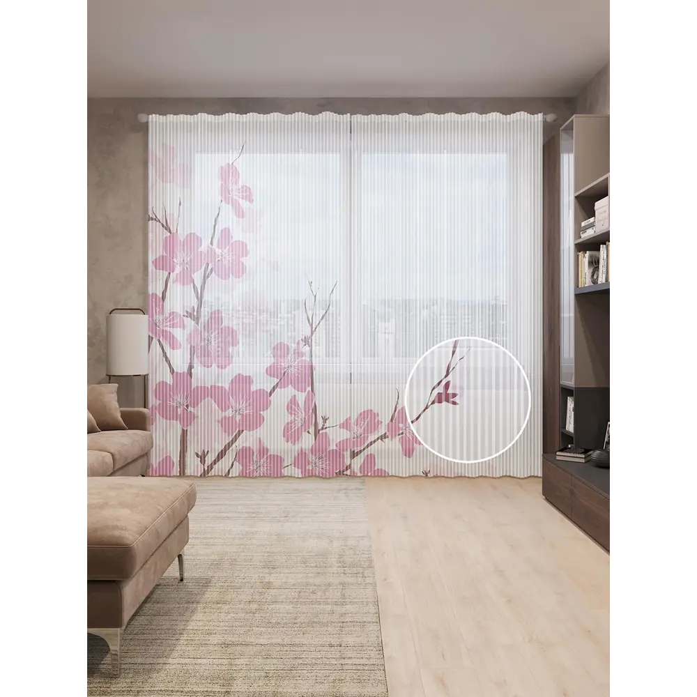 Фото Тюль на шторной ленте Тайны и цветы 310х265 см рисунок растительный цвет розовый