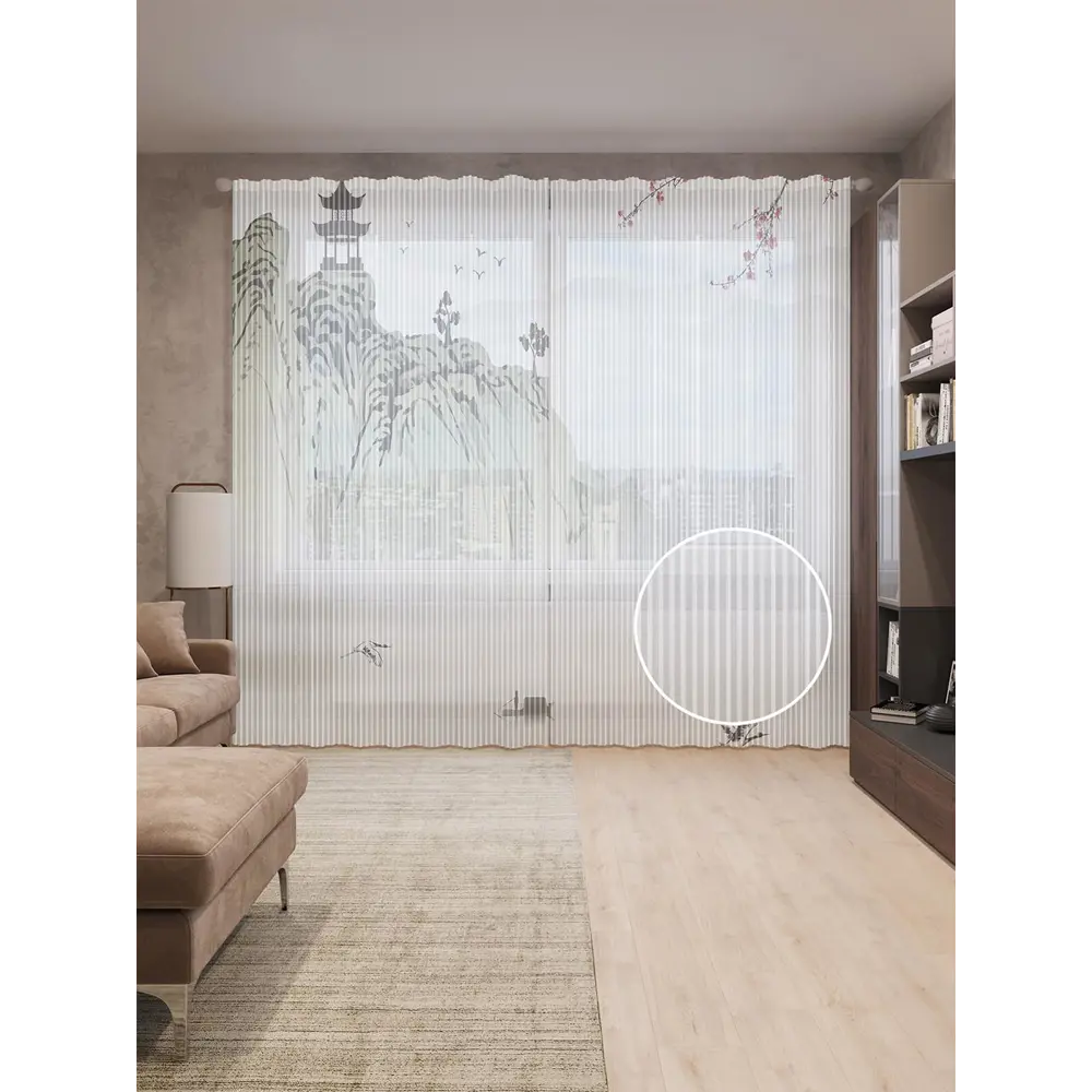 Фото Тюль на шторной ленте Японская культура в горах 310х265 см рисунок природный цвет хаки Фото Тюль на шторной ленте Японская культура в горах 310х265 см рисунок природный цвет хаки