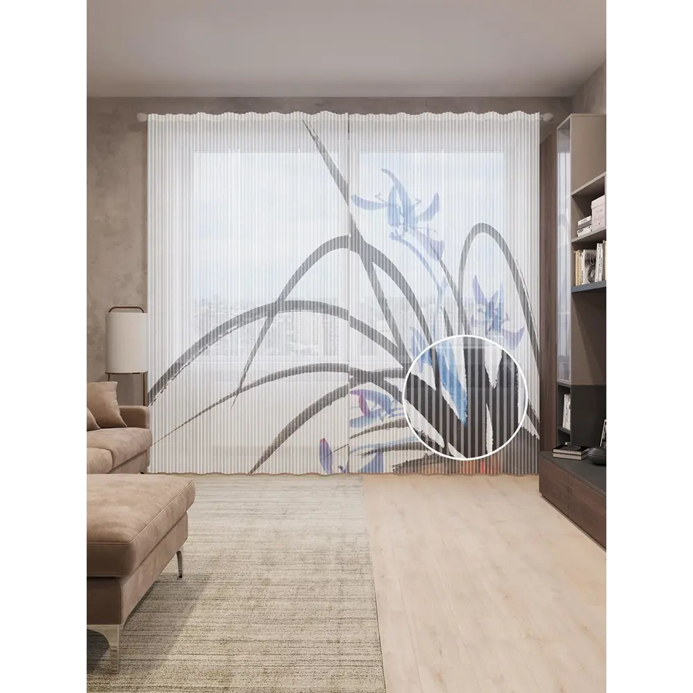 Фото Тюль на шторной ленте Букет ирисов 310х265 см рисунок растительный цвет черный