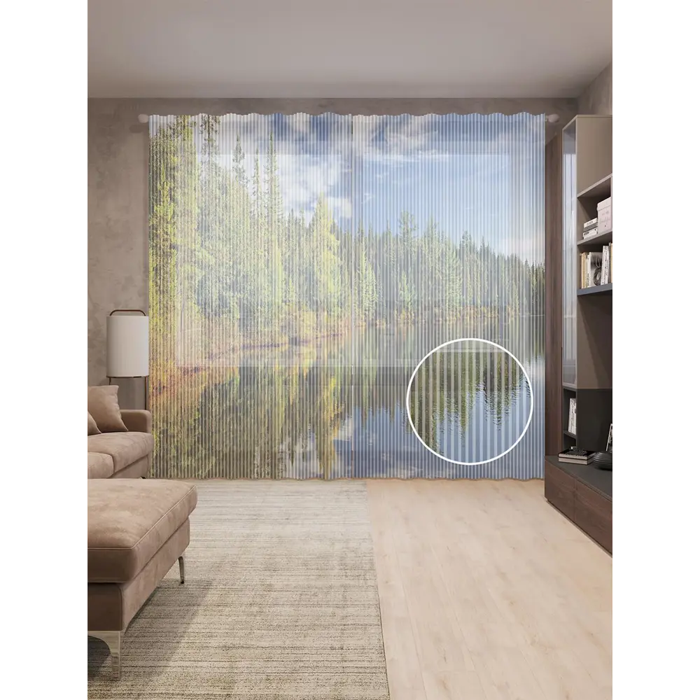 Фото Тюль на шторной ленте Лесная стена у реки 310х265 см рисунок природный цвет коричневый