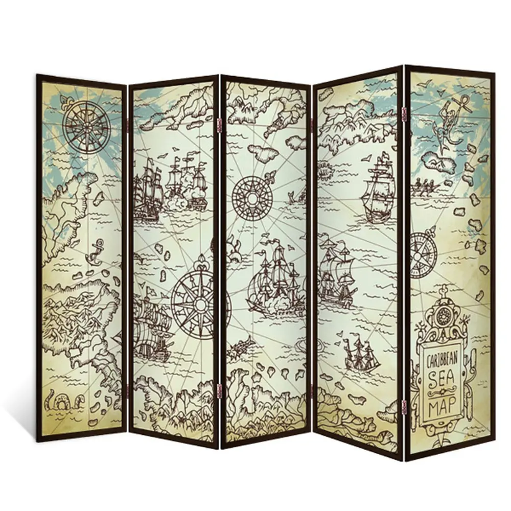 Фото Ширма перегородка для комнаты деревянная "Карта карибского моря" двухсторонняя с картинкой (уют) 5 створок венге 176х230 см 18 кг Фото Ширма перегородка для комнаты деревянная "Карта карибского моря" двухсторонняя с картинкой (уют) 5 створок венге 176х230 см 18 кг