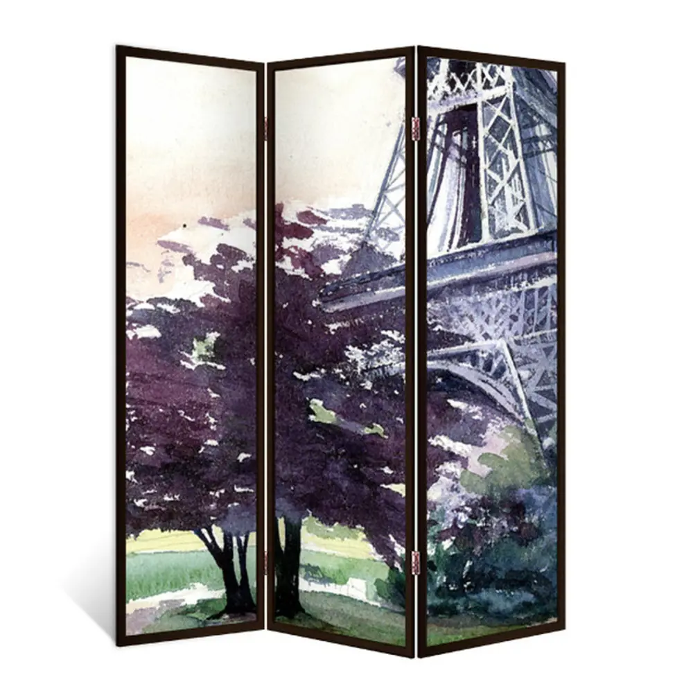 Фото Ширма перегородка для комнаты деревянная "Будни в Париже" двухсторонняя с картинкой (живопись) 3 створки венге 176х140 см 11 кг