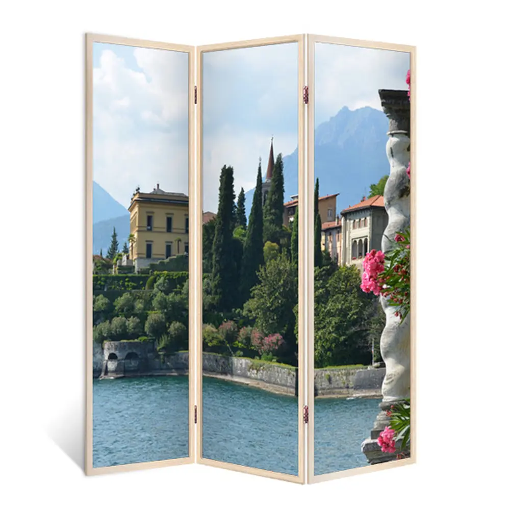 Фото Ширма перегородка для комнаты деревянная "Озеро Гарда" двухсторонняя с картинкой (города) 3 створки кремовый дуб 176х140 см 11 кг Фото Ширма перегородка для комнаты деревянная "Озеро Гарда" двухсторонняя с картинкой (города) 3 створки кремовый дуб 176х140 см 11 кг