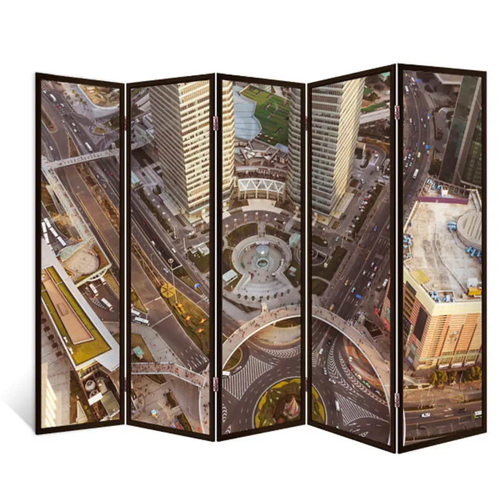Фото Ширма перегородка для комнаты деревянная "Три минуты" двухсторонняя с картинкой (города) 5 створок венге 176х230 см 18 кг