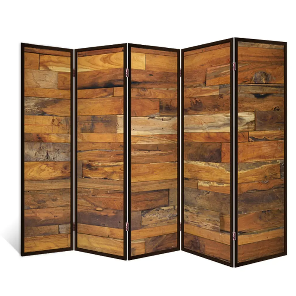 Фото Ширма перегородка для комнаты деревянная "Деревянный лофт" двухсторонняя с картинкой (уют) 5 створок венге 176х230 см 18 кг