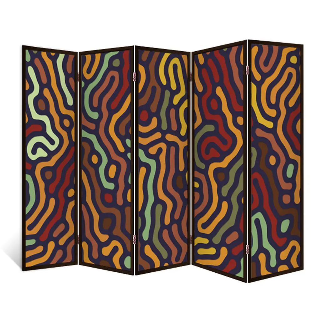 Фото Ширма перегородка для комнаты деревянная "Извилистые дорожки" двухсторонняя с картинкой (абстракция) 5 створок венге 176х230 см 18 кг
