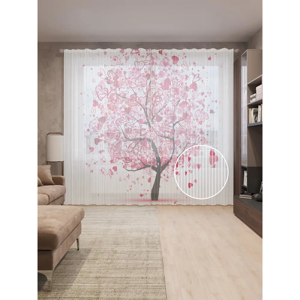Фото Тюль на шторной ленте Дерево любви 310х265 см рисунок растительный цвет красный