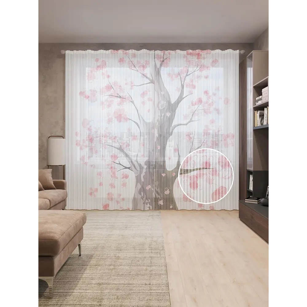 Фото Тюль на шторной ленте Цветущий сад 310х265 см рисунок растительный цвет розовый Фото Тюль на шторной ленте Цветущий сад 310х265 см рисунок растительный цвет розовый