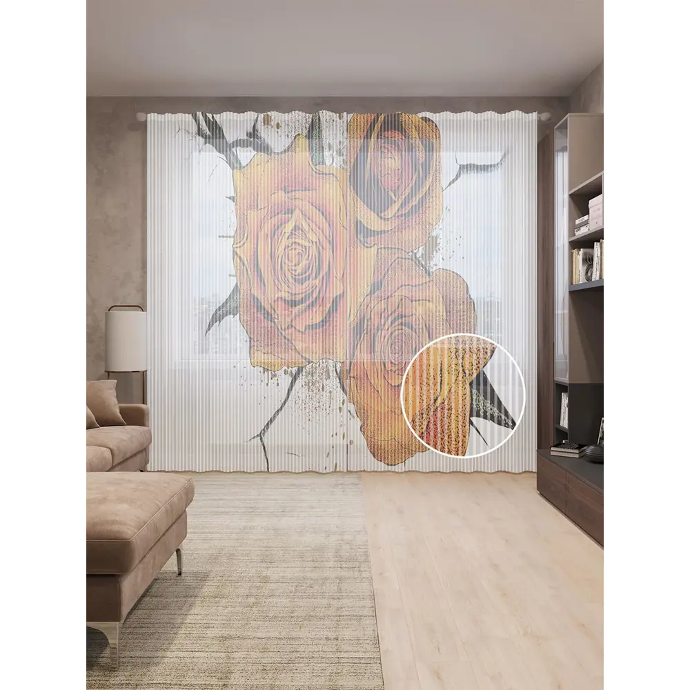 Фото Тюль на шторной ленте Сила цветов 310х265 см рисунок растительный цвет красный