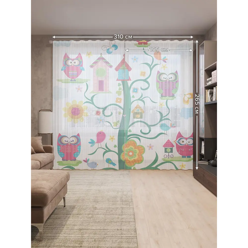 Фото 2 Тюль на шторной ленте Радостные совы 310х265 см цвет зеленый
