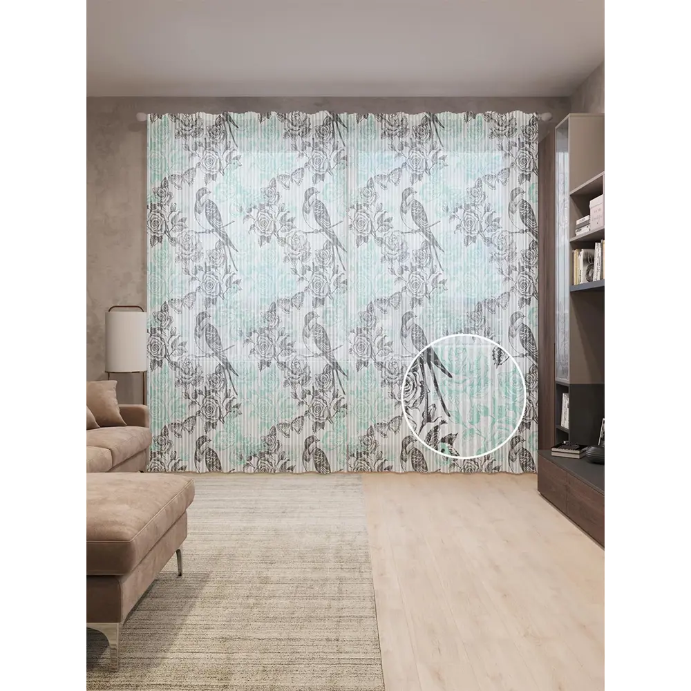 Фото Тюль на шторной ленте Симметрия с птицами 310х265 см цвет черный Фото Тюль на шторной ленте Симметрия с птицами 310х265 см цвет черный