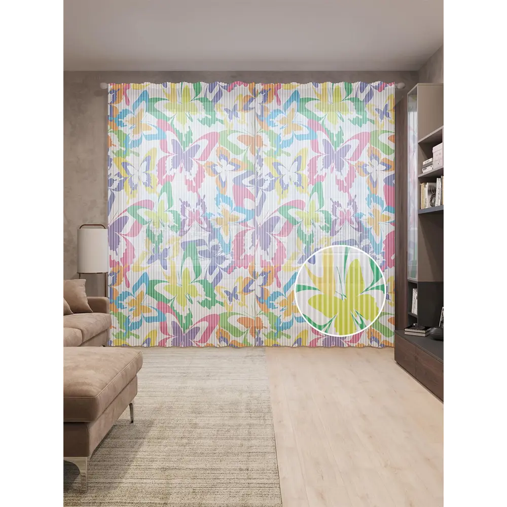 Фото Тюль на шторной ленте Движение Жизни Искусства 310х265 см рисунок природный цвет фиолетовый