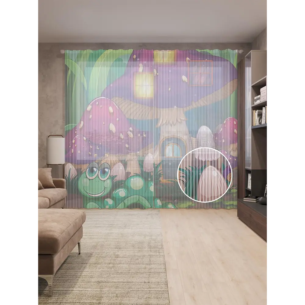 Фото Тюль на шторной ленте Грибочное жилище 310х265 см цвет фиолетовый