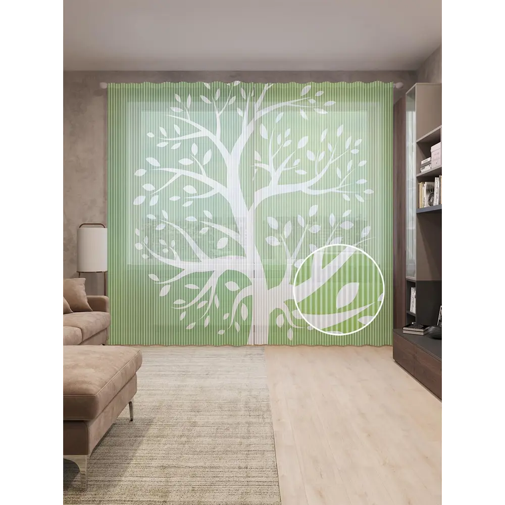 Фото Тюль на шторной ленте Призрачное дерево 310х265 см рисунок растительный цвет зеленый Фото Тюль на шторной ленте Призрачное дерево 310х265 см рисунок растительный цвет зеленый