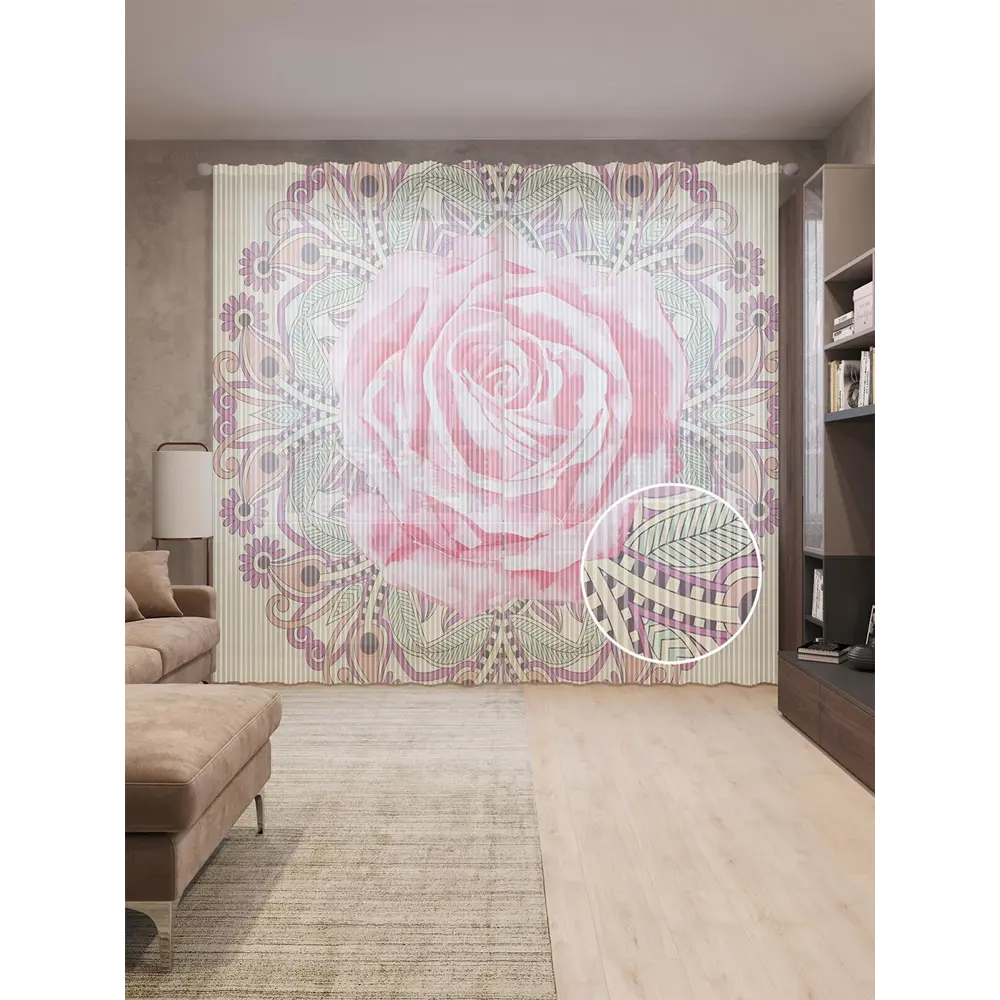 Фото Тюль на шторной ленте Огромная роза 310х265 см рисунок вензель цвет розовый
