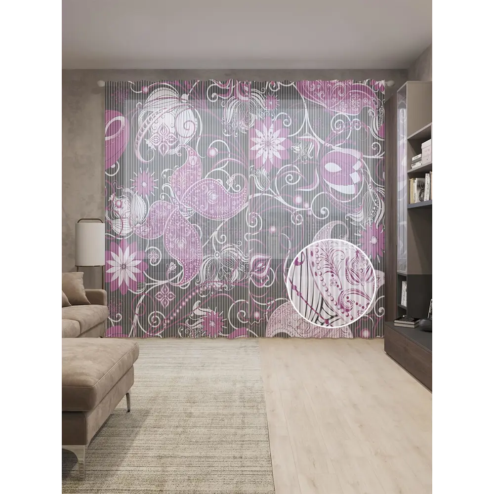 Фото Тюль на шторной ленте Цветочный уголок-2 310х265 см рисунок растительный цвет черный