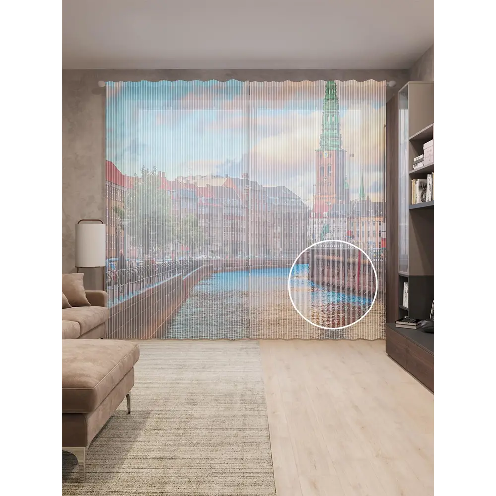 Фото Тюль на шторной ленте Городское спокойствие 310х265 см цвет голубой Фото Тюль на шторной ленте Городское спокойствие 310х265 см цвет голубой