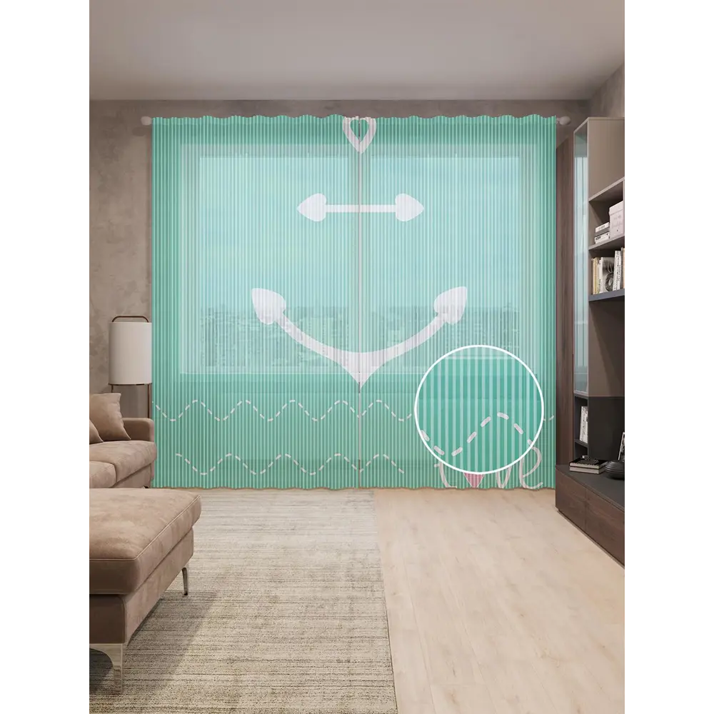 Фото Тюль на шторной ленте Символ морской любви 310х265 см рисунок природный цвет бирюзовый Фото Тюль на шторной ленте Символ морской любви 310х265 см рисунок природный цвет бирюзовый