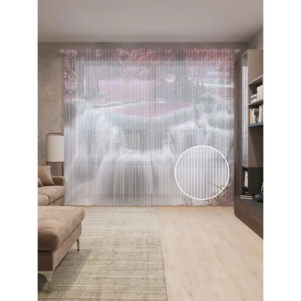 Фото Тюль на шторной ленте Удивительный лес 310х265 см рисунок природный цвет фиолетовый