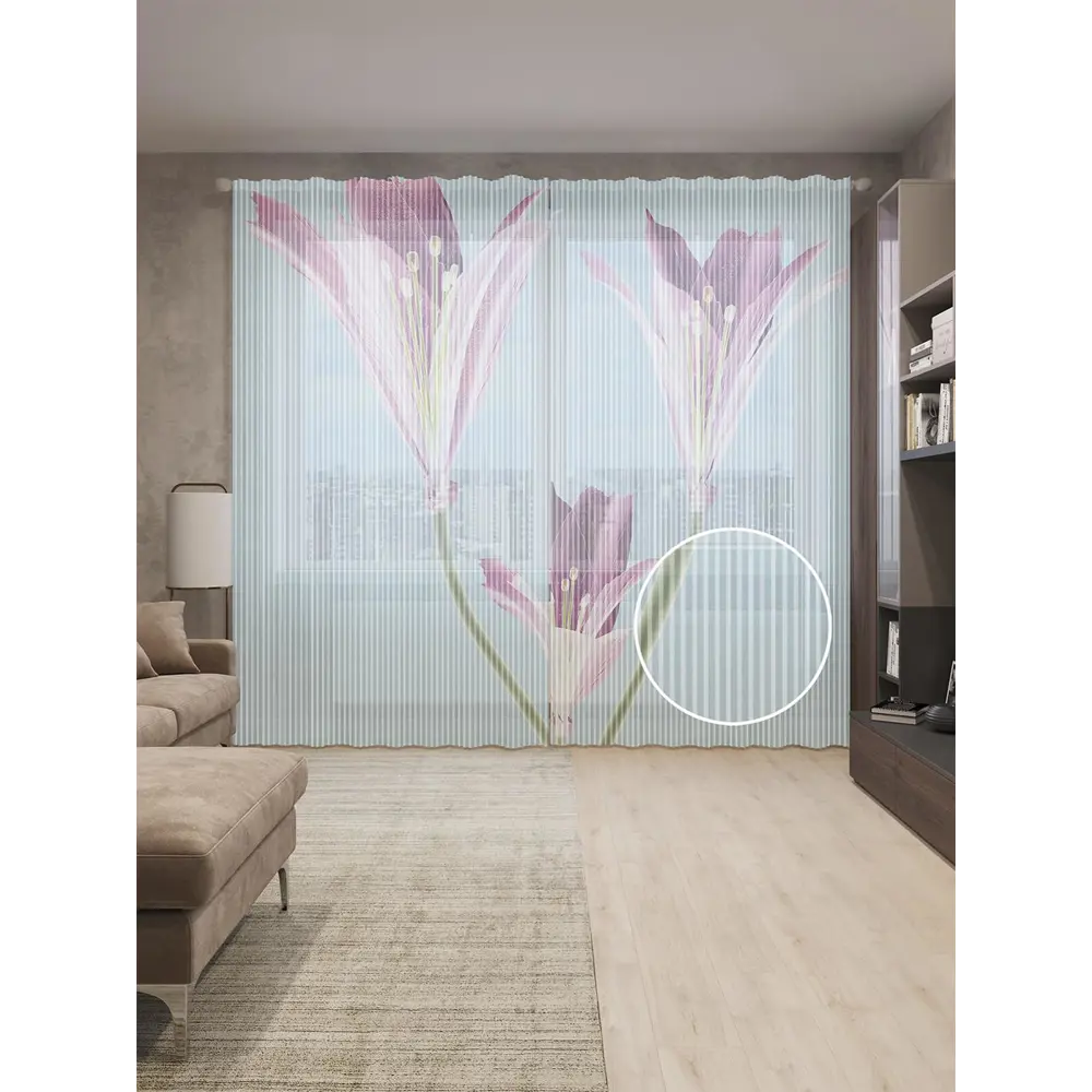 Фото Тюль на шторной ленте Прозрачные лепестки 310х265 см рисунок растительный цвет фиолетовый