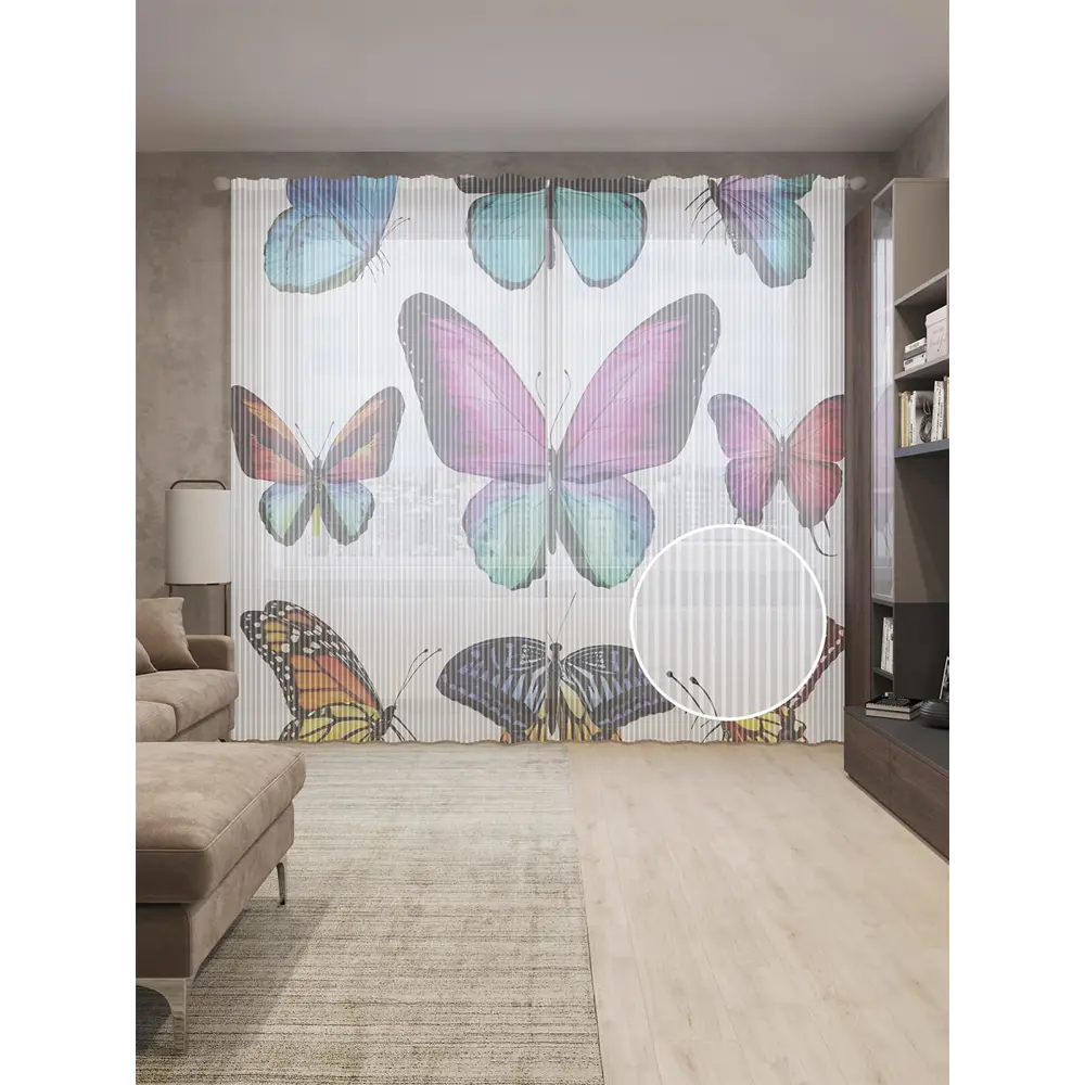 Фото Тюль на шторной ленте Коллектив бабочек 310х265 см рисунок природный цвет фиолетовый
