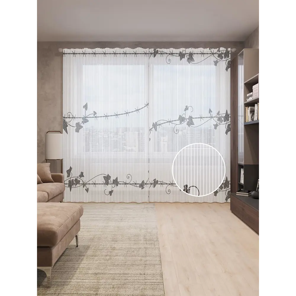 Фото Тюль на шторной ленте JoyArty "Плющ на колючей проволоке" 310х265 см цвет черный