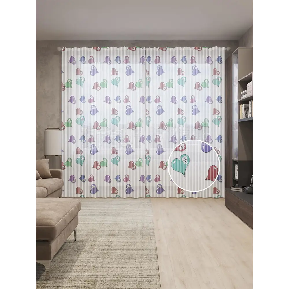 Фото Тюль на шторной ленте JoyArty "Летящие сердца" 310х265 см цвет фиолетовый