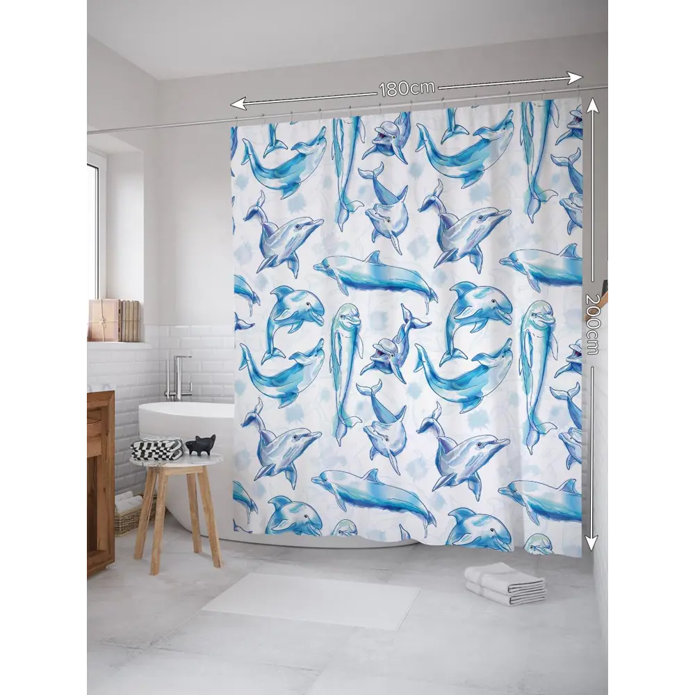 Фото 2 Штора для ванной JoyArty Дельфины развлекаются из ткани, 180x200 см с крючками