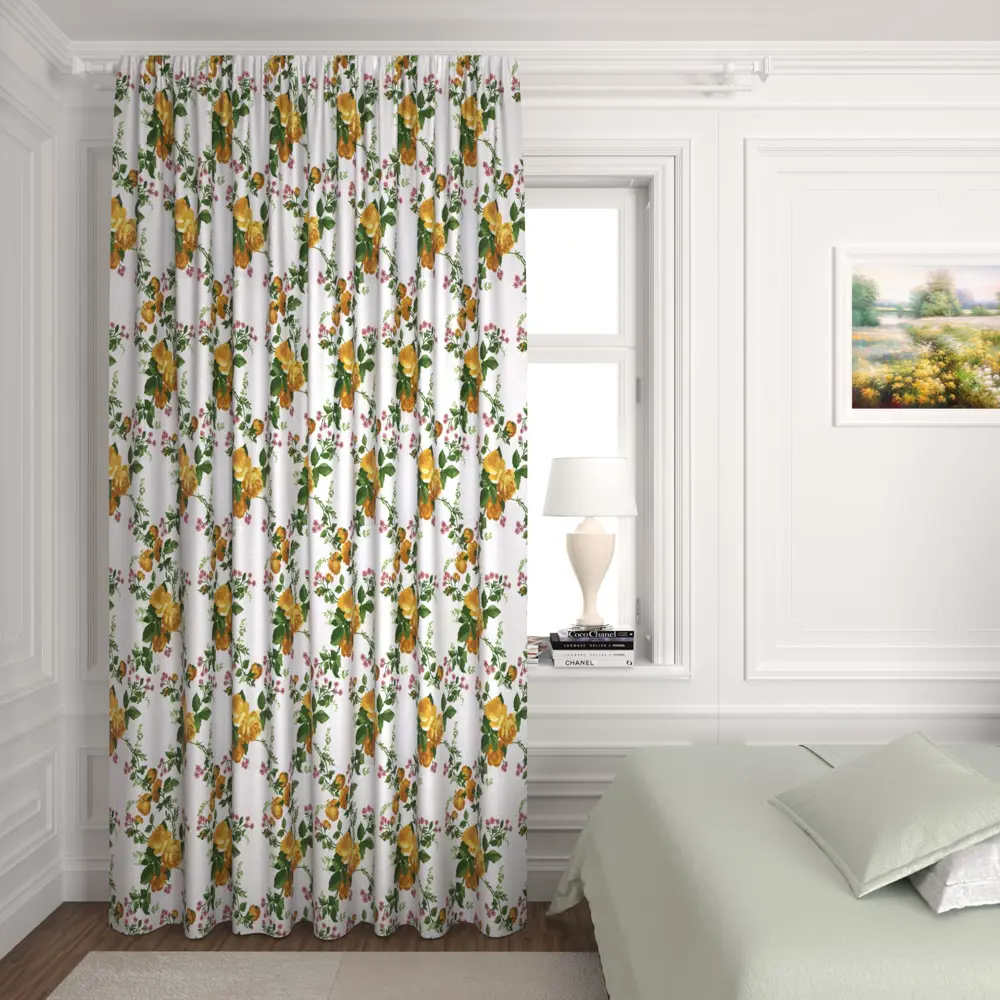 Фото Штора на шторной ленте с печатным рисунком цветы 170x260 см цвет желтый