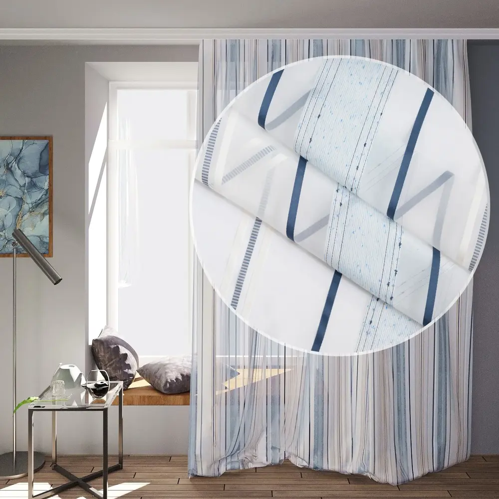 Фото Тюль на шторной ленте полоска синяя 300x260 см цвет белый Фото Тюль на шторной ленте полоска синяя 300x260 см цвет белый