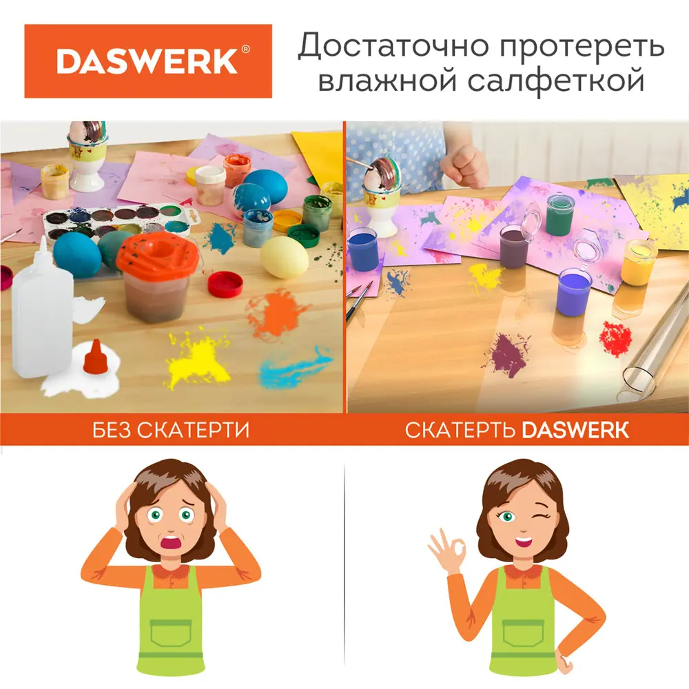 Фото 8 Скатерть жидкое стекло Daswerk 607668, прямоугольная, 80x140 см, 0.5мм, прозрачная