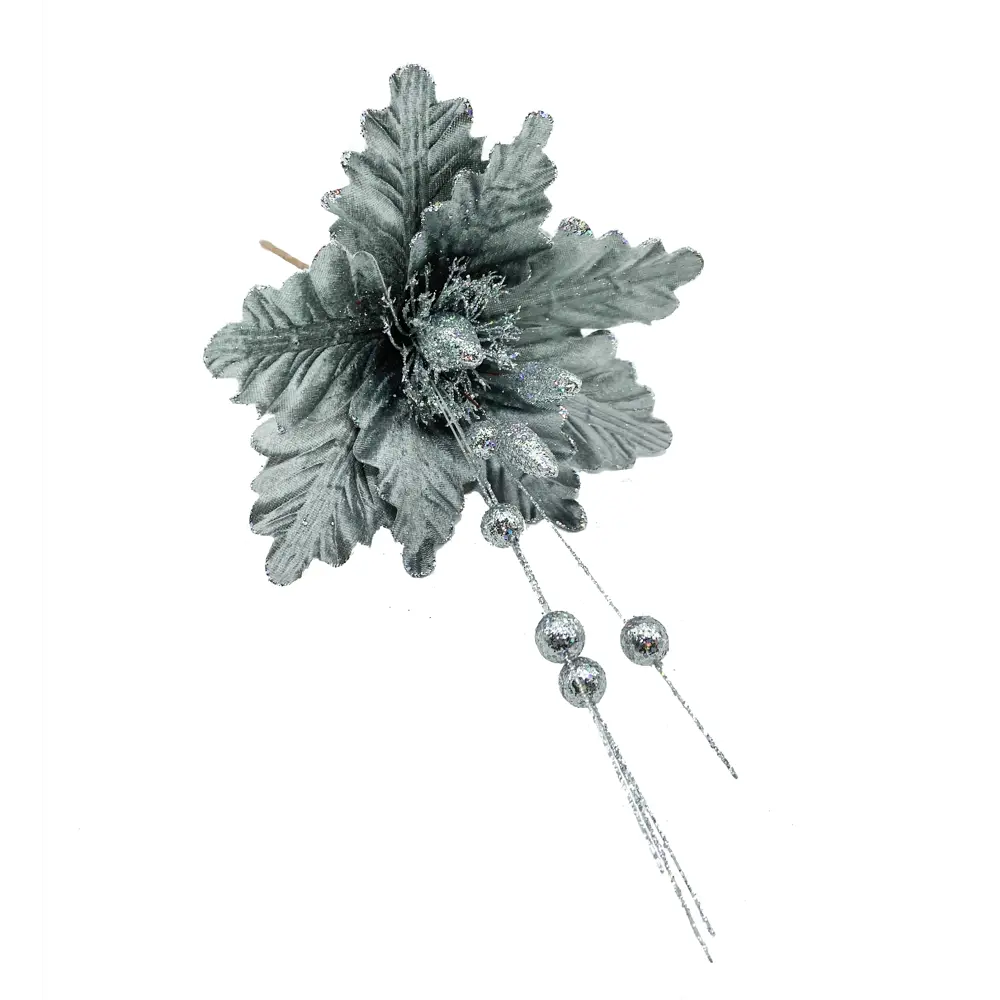 Фото Украшение цветок на ветке 40 см серебро новогодний Фото Украшение цветок на ветке 40 см серебро новогодний