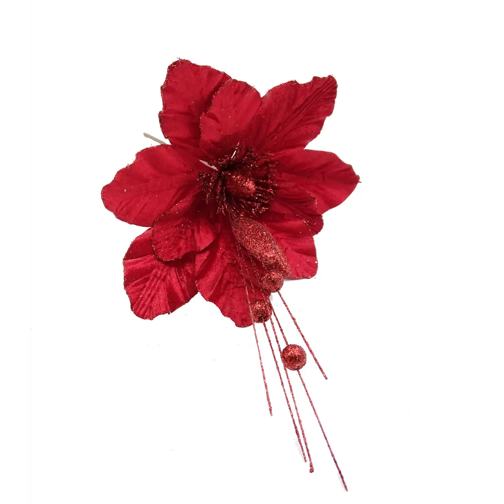 Фото Украшение цветок на ветке 40см красный новогодний Фото Украшение цветок на ветке 40см красный новогодний
